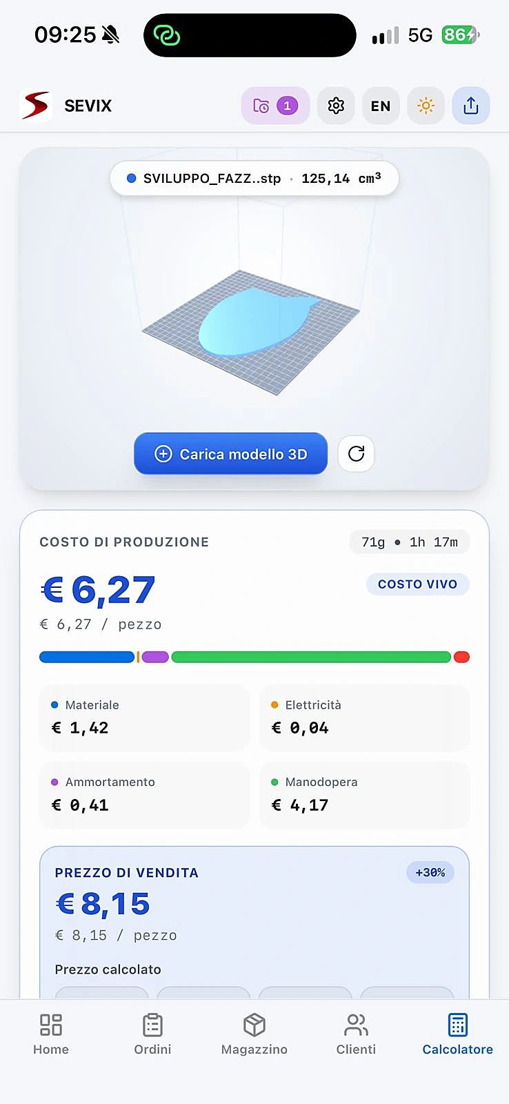 SEVIX: calcolatore 3D con costo di produzione e prezzo di vendita