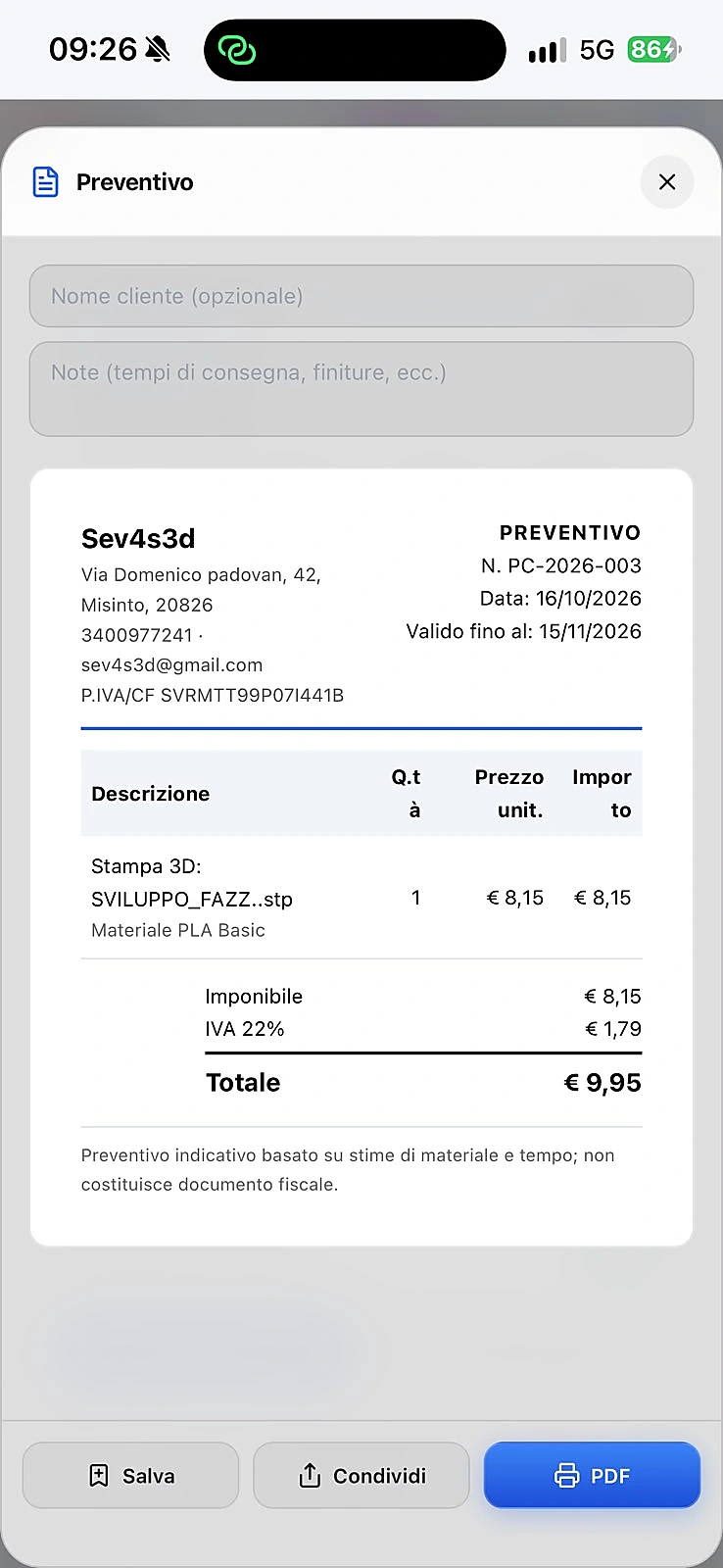 SEVIX: Preventivo PDF professionale