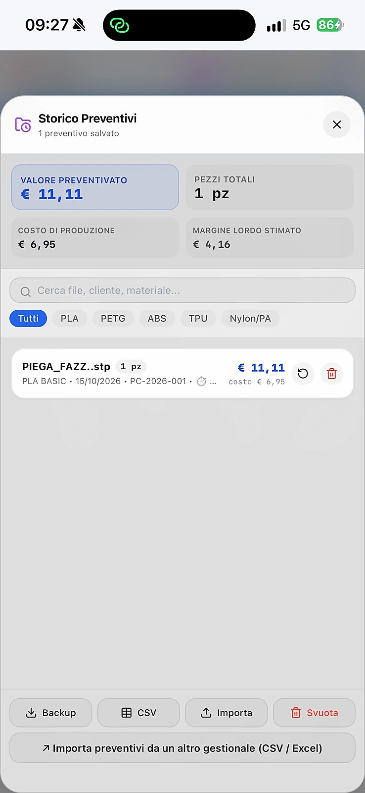 SEVIX: Storico preventivi completo