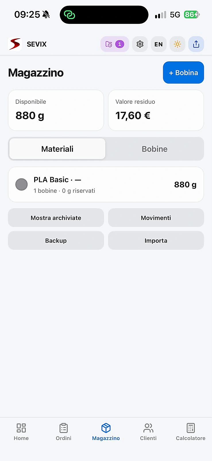 SEVIX: Magazzino filamenti e bobine